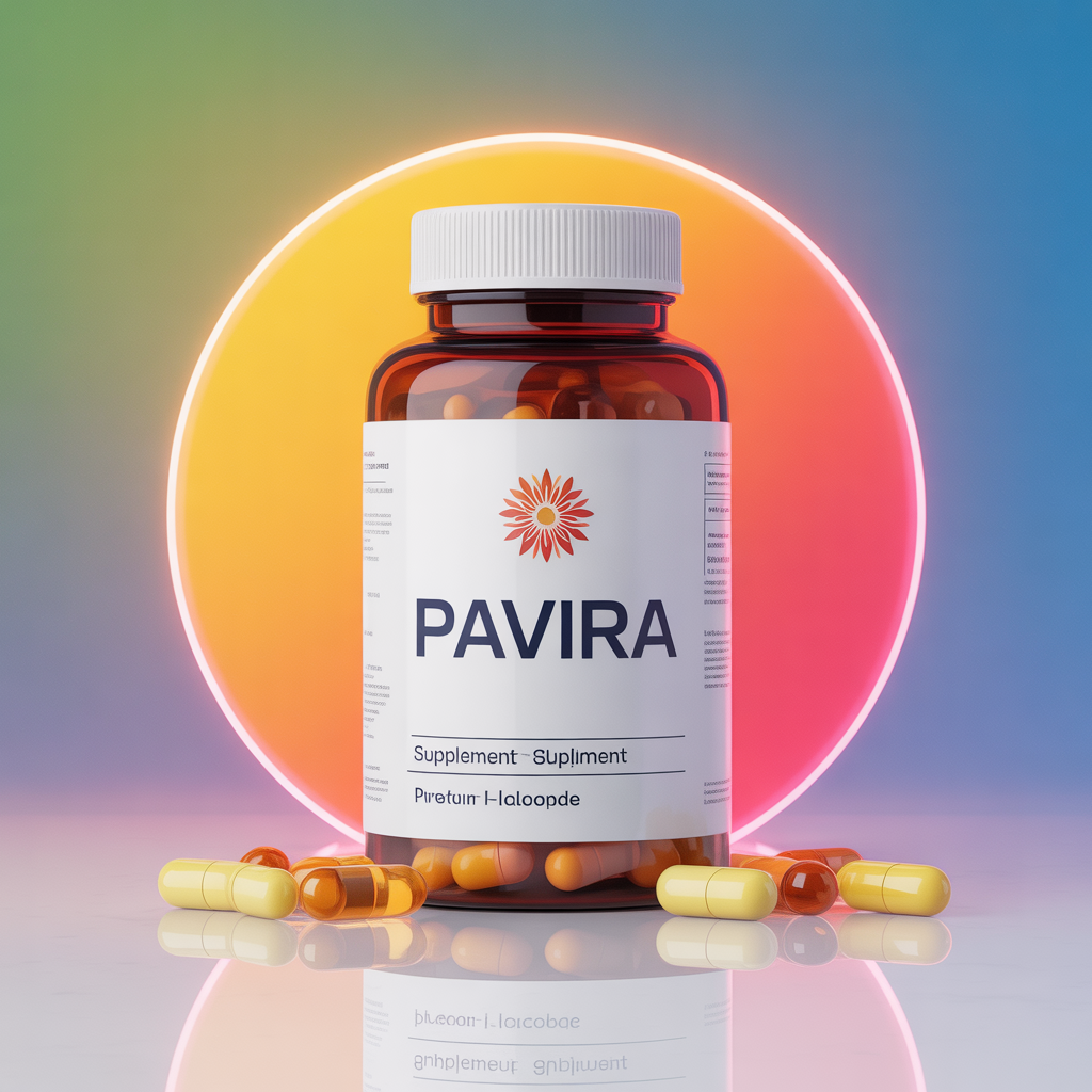 Pavira supplement bottle illustration with soft gradient glow behind it